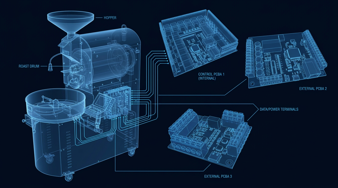 X-ray style diagram of the Genio coffee bean roaster shown translucent with a control PCBA installed inside the machine, glowing cable traces to the terminals, and two further control boards floating beside it